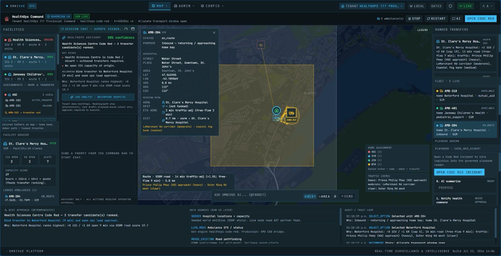 HealthOps ambulance asset context, route and facility transfer options